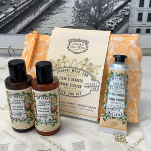 Weekend travel set orange blossom scent body wash, cream and hand cream. Made in France. 