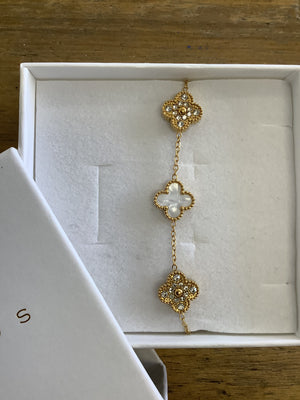 Santorini Gold Clover Bracelet - White & Crystal