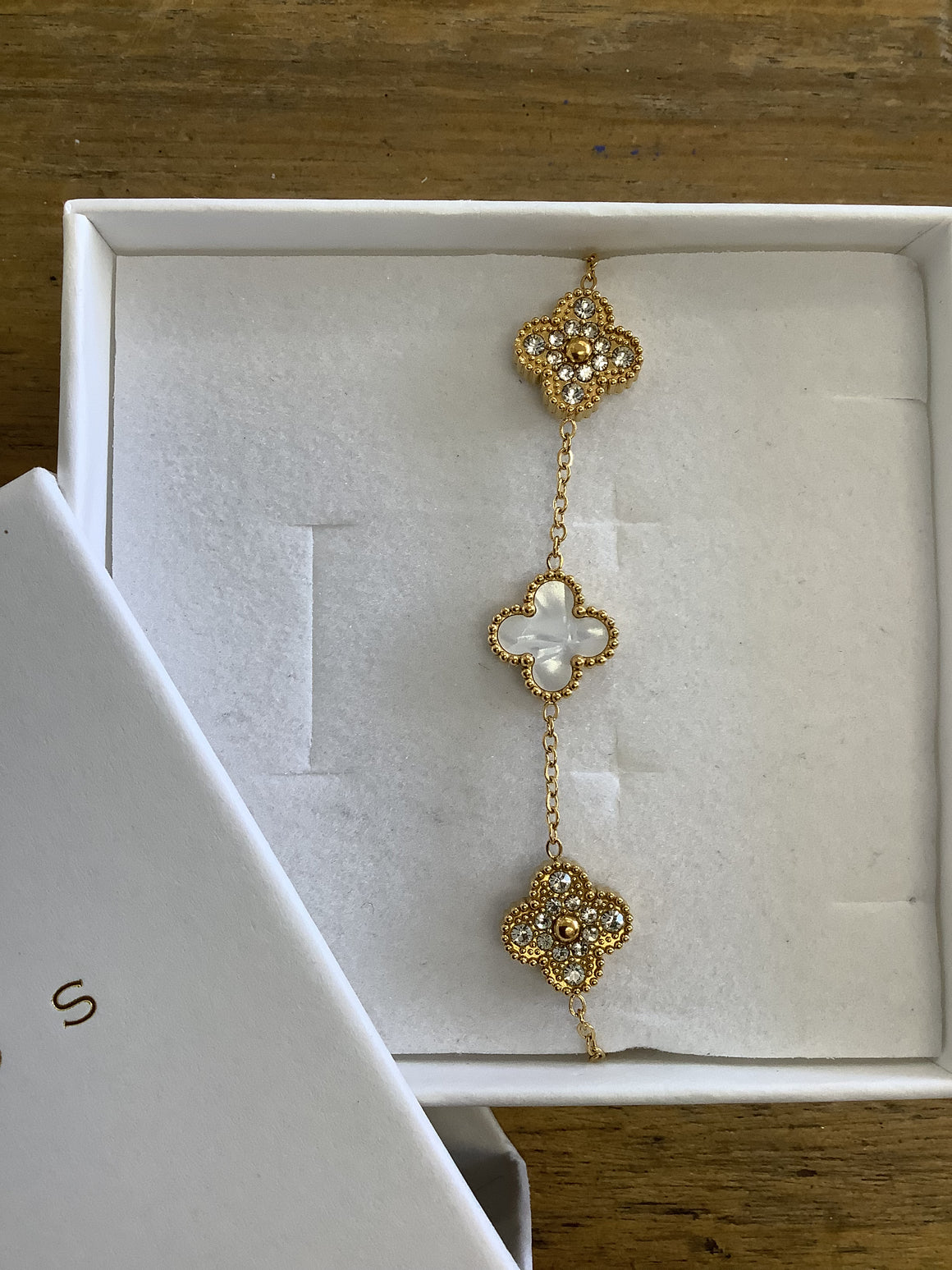 Santorini Gold Clover Bracelet - White & Crystal