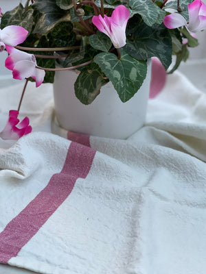 French Linen Tea Towel - White with Light Red Grainsack Stripe