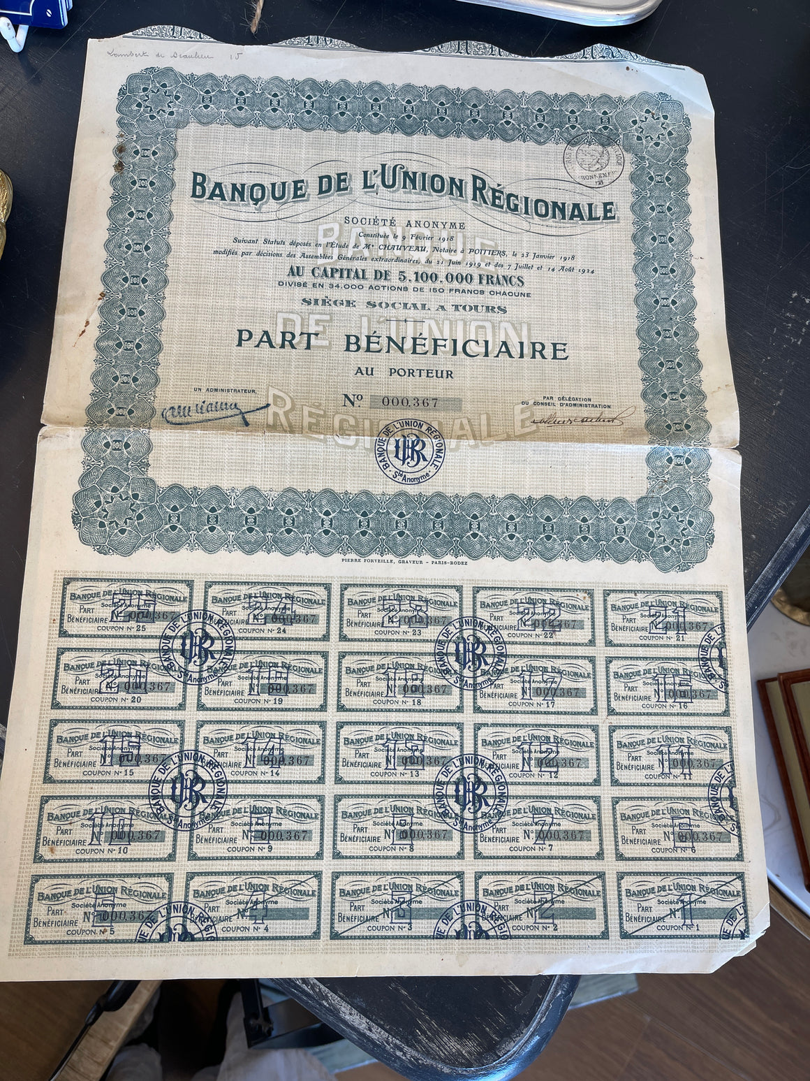 French Antique Ephemera 1919 Company shares