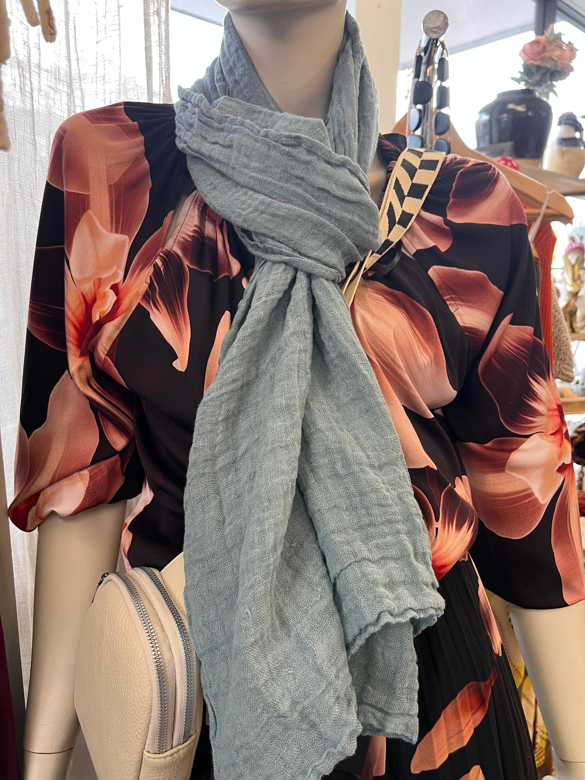 Victoire European Linen Scarf - Stonewashed Blue / Khaki / Ivory/Blush