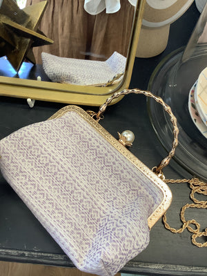 Marie Antoinette Purse with Gold Handle & Pearl Clasp and Chain (Lilac Jacquard Fabric)