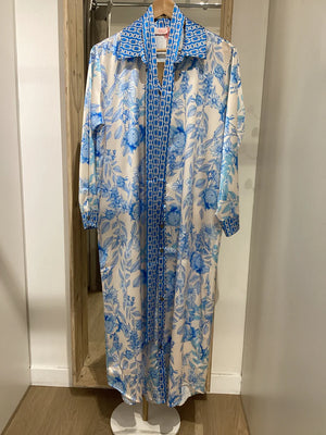 Italian Blue Floral Print Shirtdress with Belt