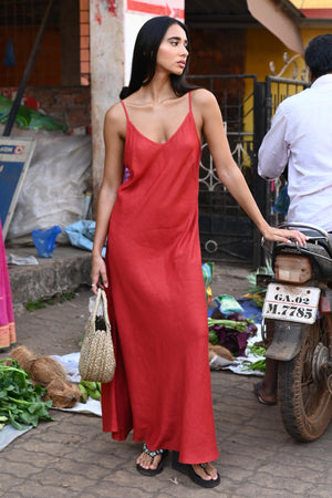 Coco Bias Dress - Cherry Linen Blend