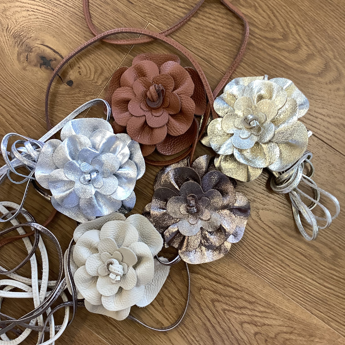 Leather Flower Belt - Silver/Bronze/Gold/Cream/Brown