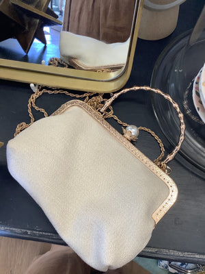 Marie Antoinette Purse with Gold Handle & Pearl Clasp and Chain ( Creme Fabric)