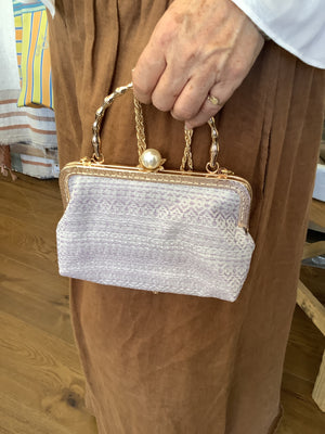 Marie Antoinette Purse with Gold Handle & Pearl Clasp and Chain (Lilac Jacquard Fabric)