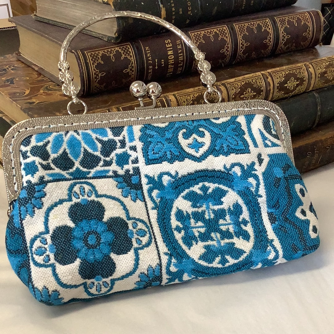Marie Antoinette Purse with Silver Handle and Clasp - Turquoise & White Fabric