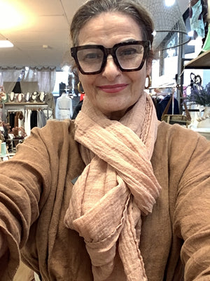 Victoire European Linen Scarf - Stonewashed Blue / Khaki / Ivory/Blush