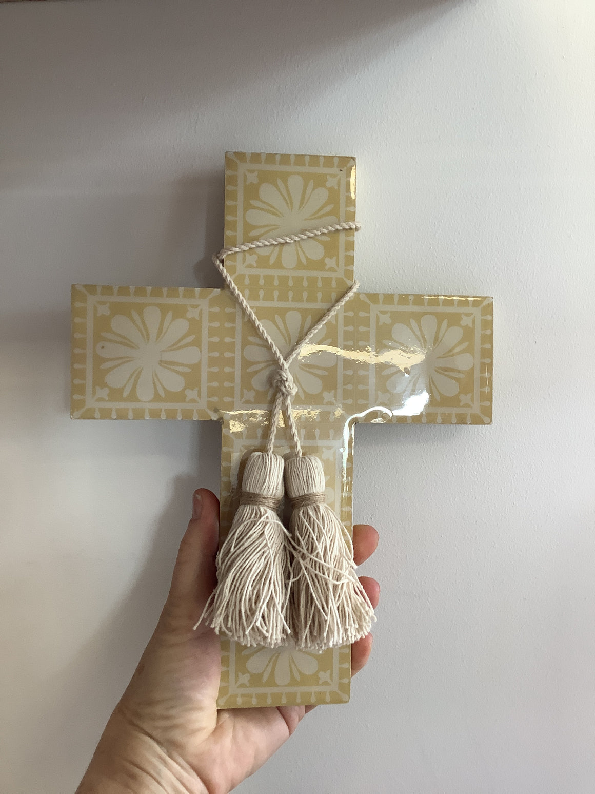 Sophia wood enamel cross  with tassel - Honey