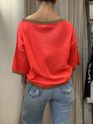 Lurex Knit Top - Coral/Beige