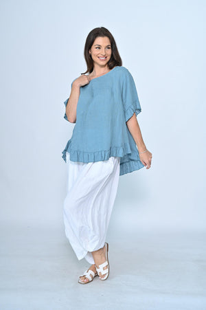 Cali Frill Linen Top - Light Teal