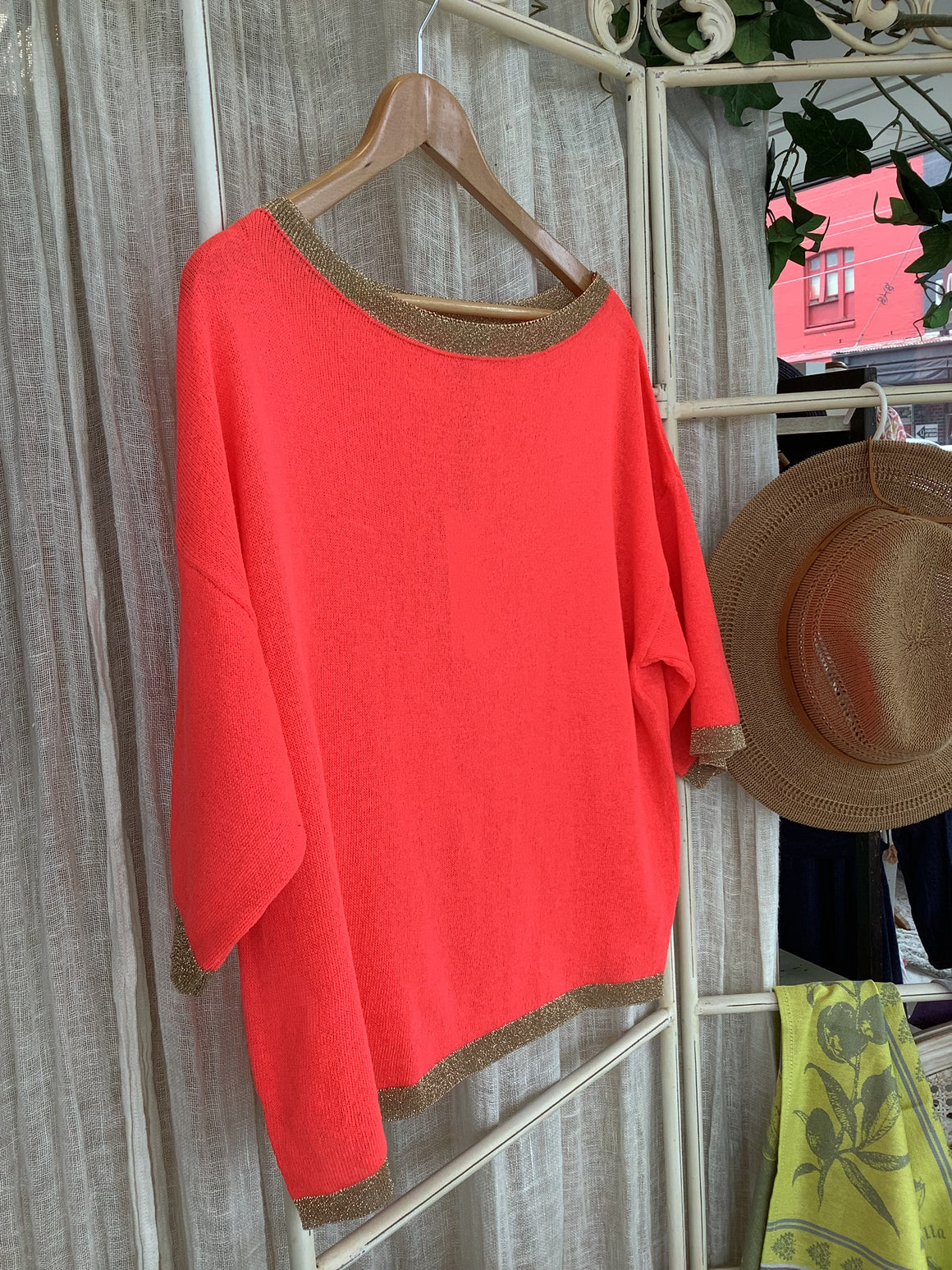 Lurex Knit Top - Coral/Beige