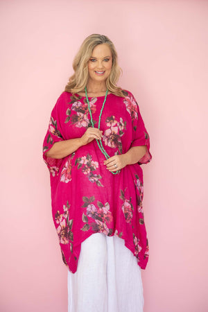 fuchsia pink floral linen kaftan dress