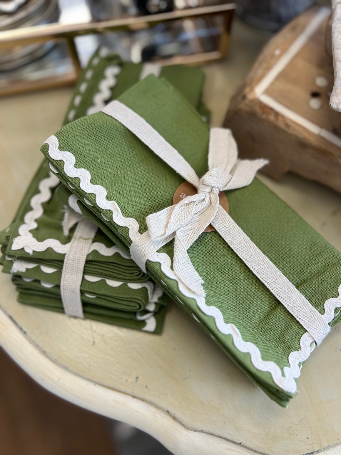 Orla Cotton Napkins Set 4 - Olive/Ivory