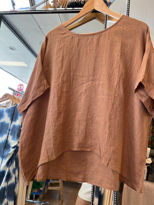 Cali Round Neck Linen Top - Nutmeg Brown