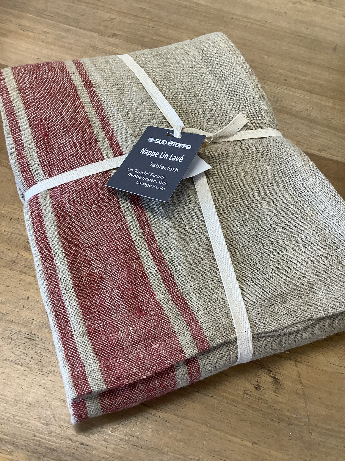 French Linen Natural Tablecloth - Red Grainsack Stripe