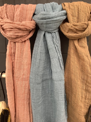 european linen scarves - cinnamon, tobacco, blue stone colours 