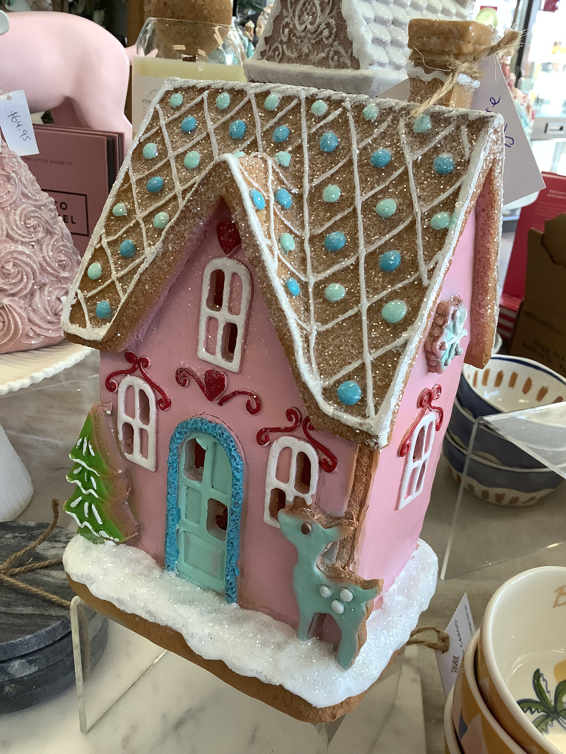 candy pink and white glitter small gingerbread house with LED