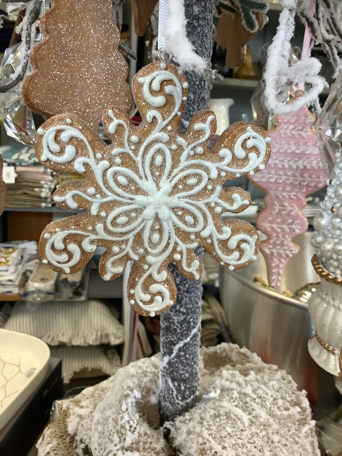 Gingerbread Snowflake Hanging Ornament - Swirly White