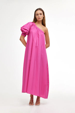 Candy pink cotton midi dress one shoulder