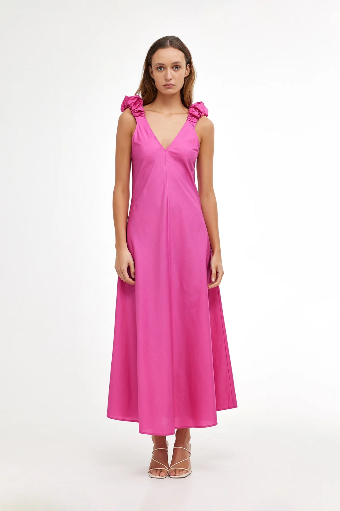 Candy pink cotton maxi dress with ruched shoulder straps