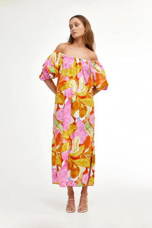 Midi dress with self tie waist strap, off shoulder, all over orange, pink and yellow pattern