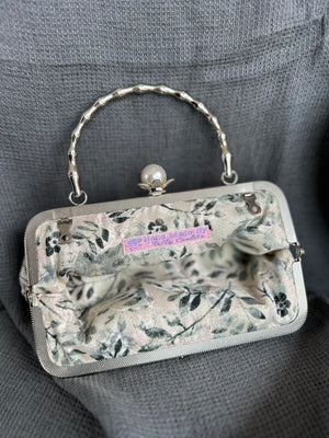 Marie Antoinette Purse with Silver Handle and Pearl Clasp (Neutral Tones)