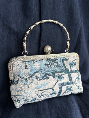 Marie Antoinette Purse with Handle & Pearl Clasp (Silver & Blue)