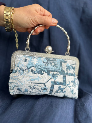 Marie Antoinette Purse with Handle & Pearl Clasp (Silver & Blue)