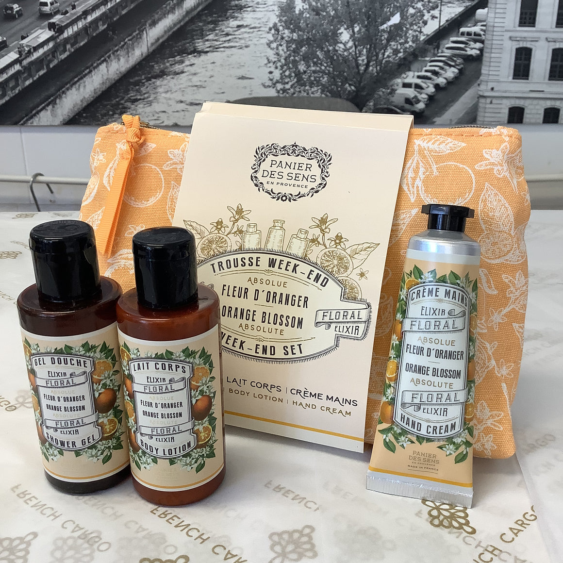 Weekend travel set orange blossom scent body wash, cream and hand cream. Made in France. 