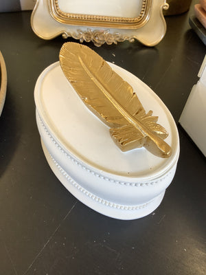 White & Gold Feather Trinket Box