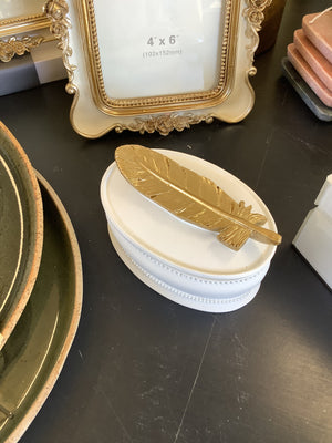 White & Gold Feather Trinket Box