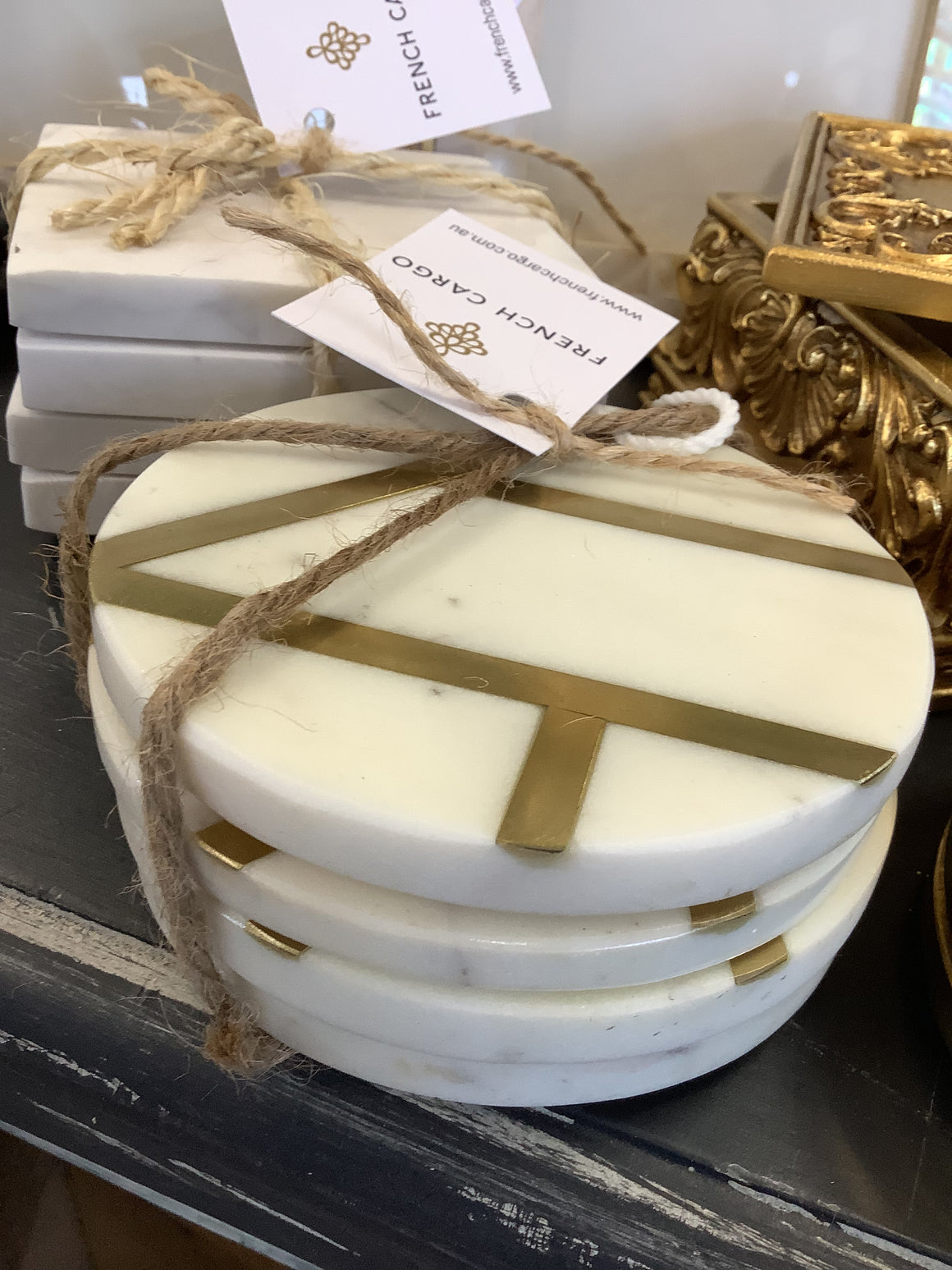 Round Marble Coasters - White with Brass Strip