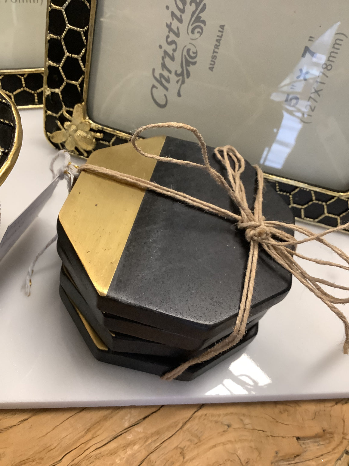 Octagonal Marble Coasters - Black with Brass Strip
