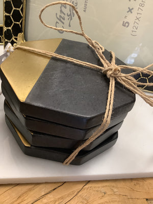 Octagonal Marble Coasters - Black with Brass Strip