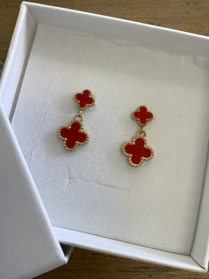 Santorini Gold Clover Drop Earrings - Red