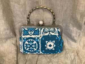 Marie Antoinette Purse with Brass Handle & Pearl Clasp (Turquoise & White Fabric)