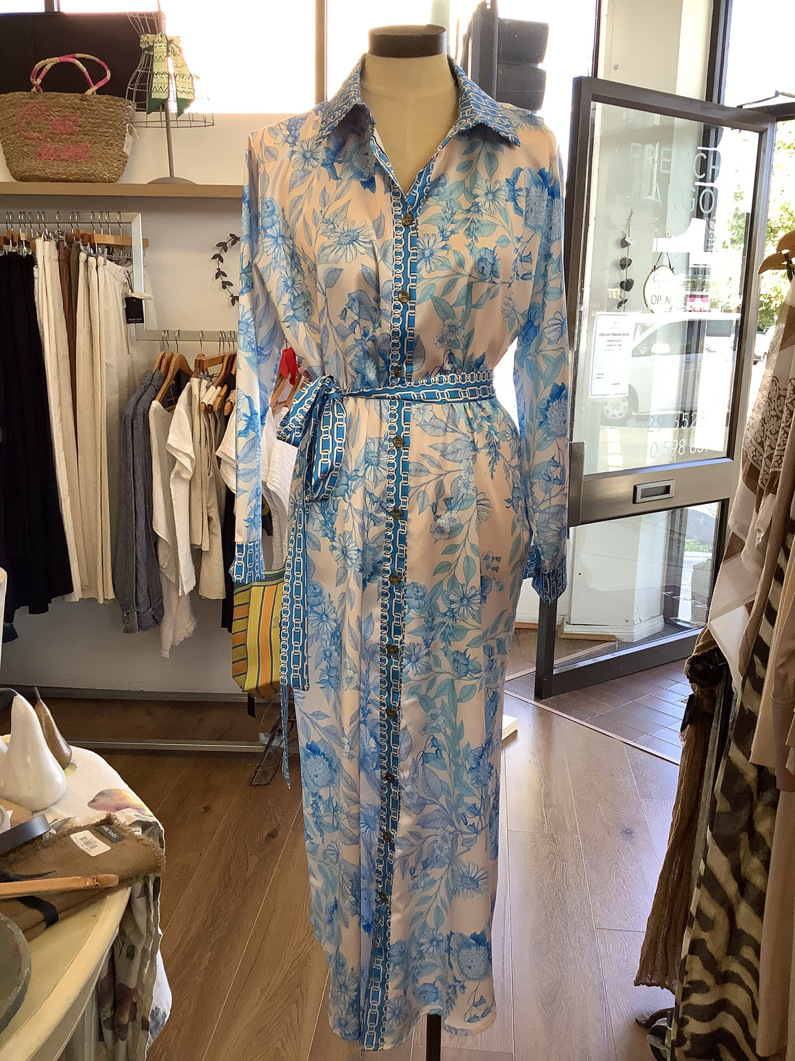 Italian Blue Floral Print Shirtdress with Belt