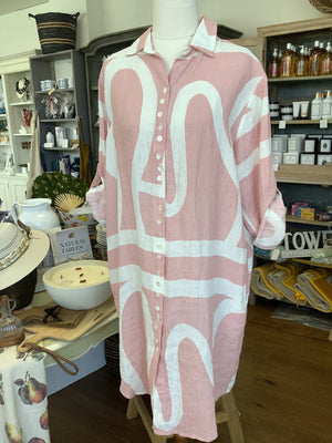 Linen Shirt Dress - Pink & White