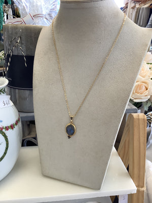 Semi Precious Stone Pendant with Crystals on Gold Necklace - Deep Blue