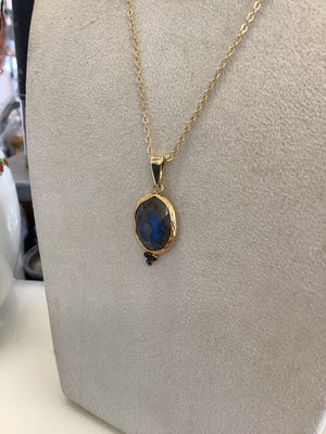 Semi Precious Stone Pendant with Crystals on Gold Necklace - Deep Blue