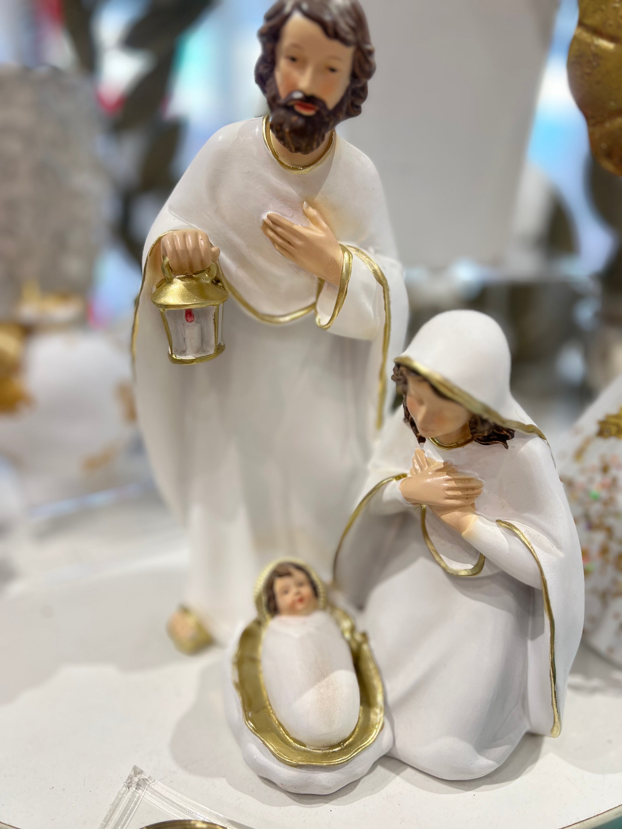 Mary, Joseph, Baby Jesus Ornament - White & Gold