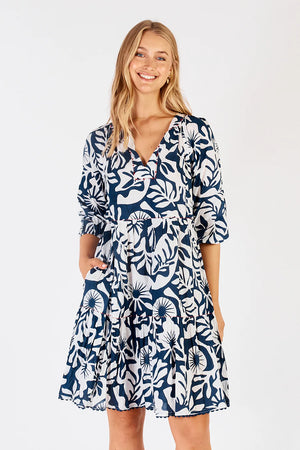 Laiken Dress White with Navy Print