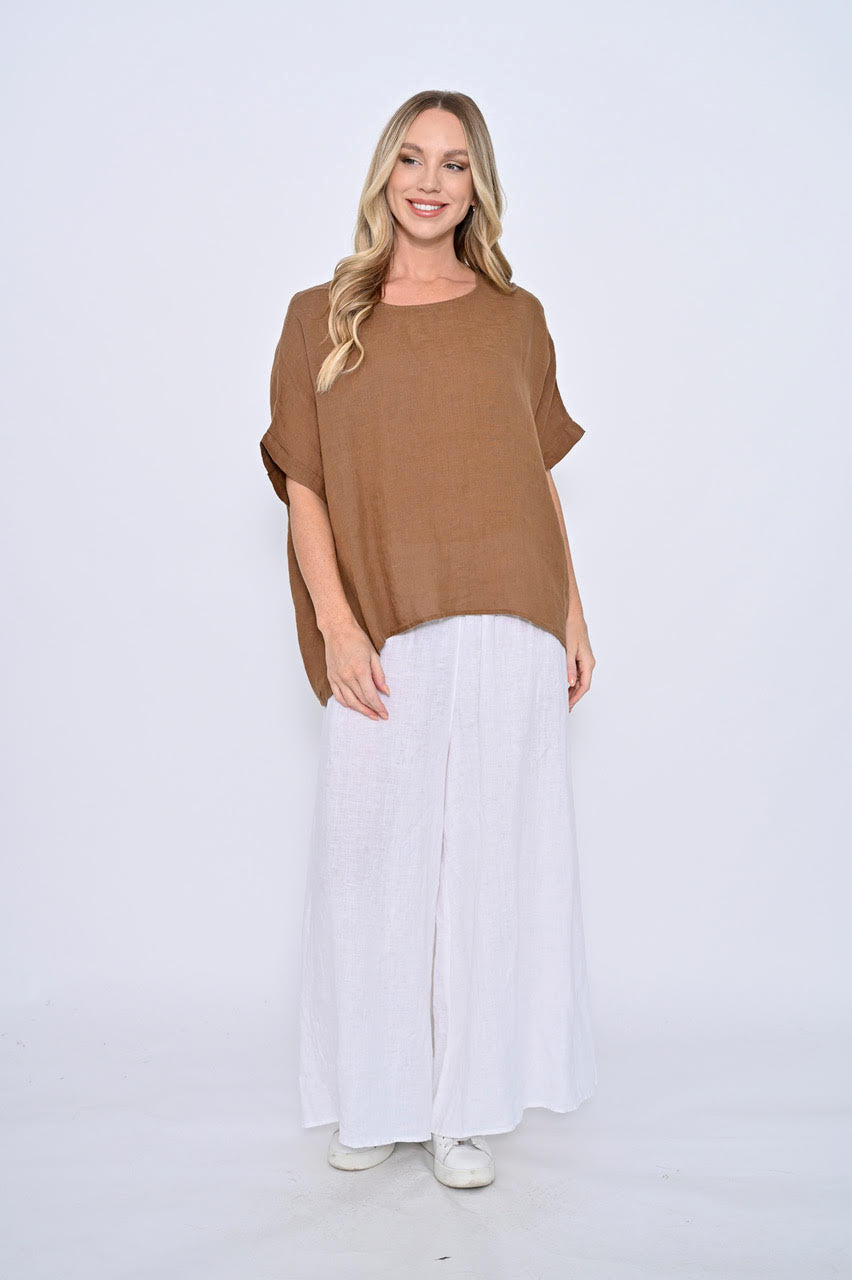 Cali Round Neck Linen Top - Nutmeg Brown