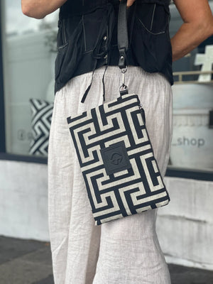 Amelia #1 Greek Key cotton/leather clutch - Black and Ecru