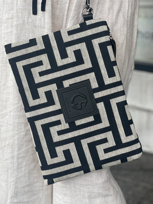 Amelia #1 Greek Key cotton/leather clutch - Black and Ecru