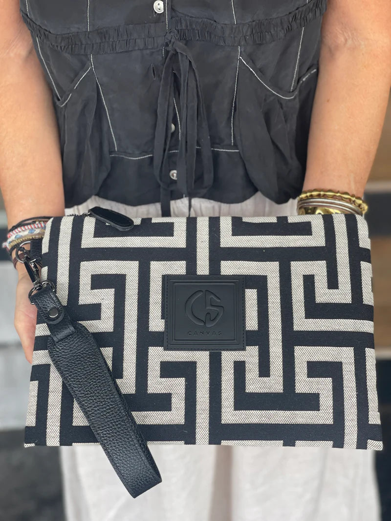 Amelia #1 Greek Key cotton/leather clutch - Black and Ecru