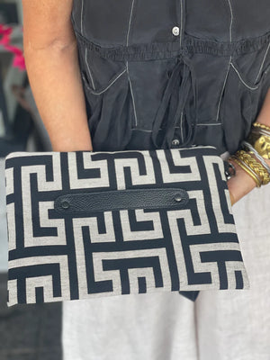 Amelia #1 Greek Key cotton/leather clutch - Black and Ecru